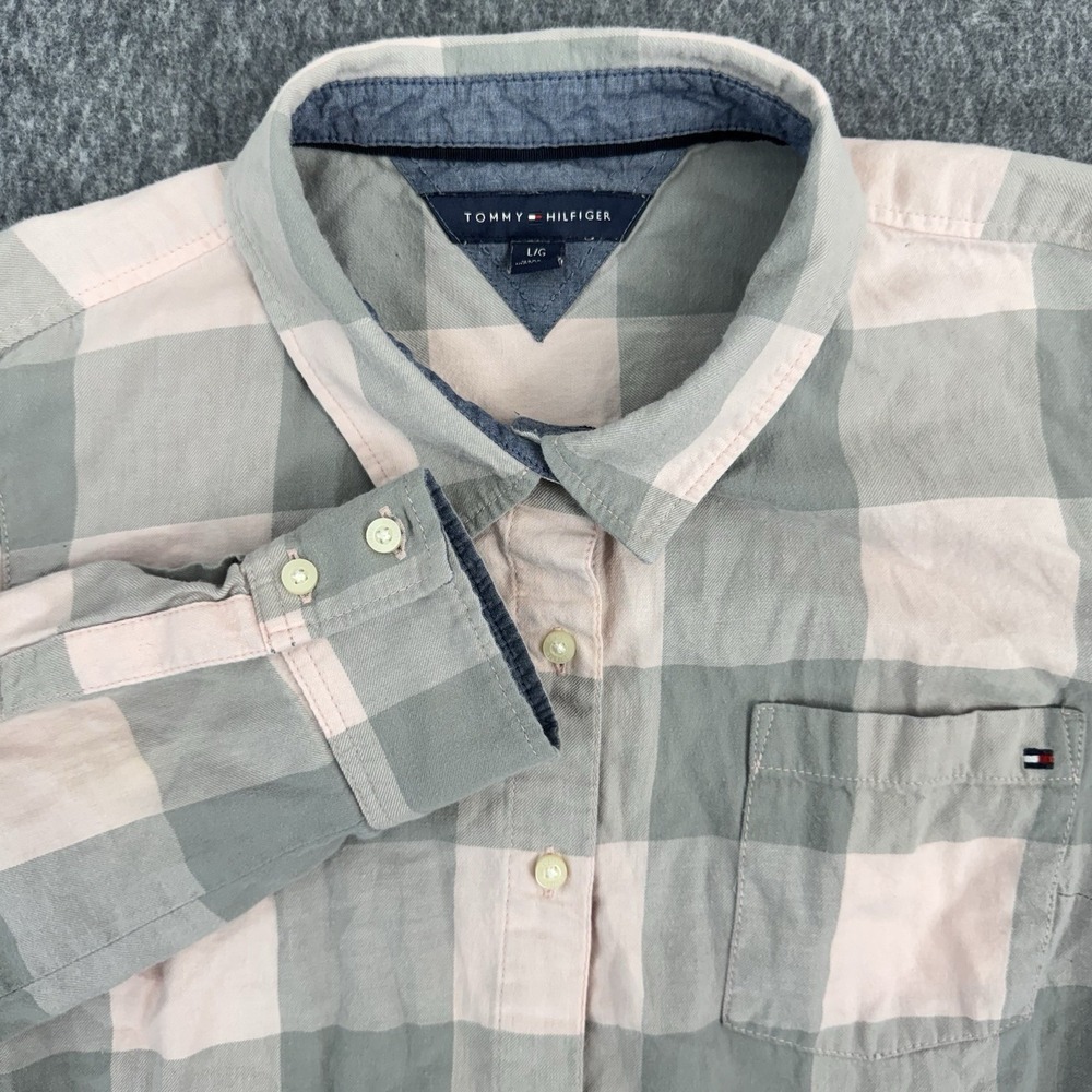 Tommy Hilfiger Plaid Button Up Shirt Pink Gray Check Cotton Women L Preppy Basic